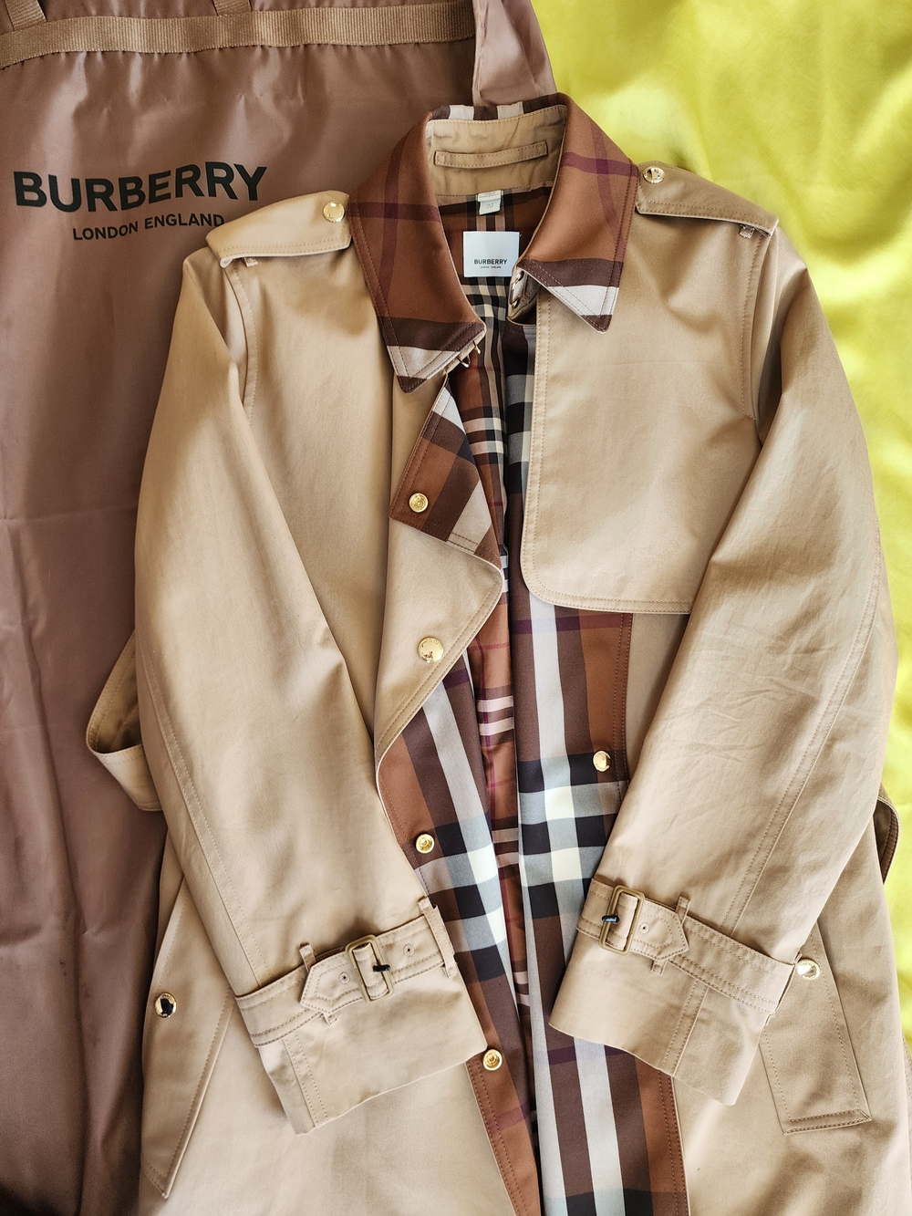 Burberry Long Check Collar Gabardine Trench Coat